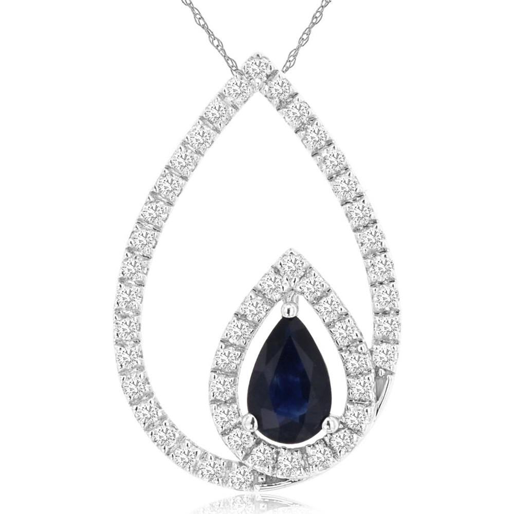 Royal 14K White Gold Teardrop Sapphire and Diamond Pendant Necklace - 0.53 Carats Sapphire & 0.33 Carats Diamond