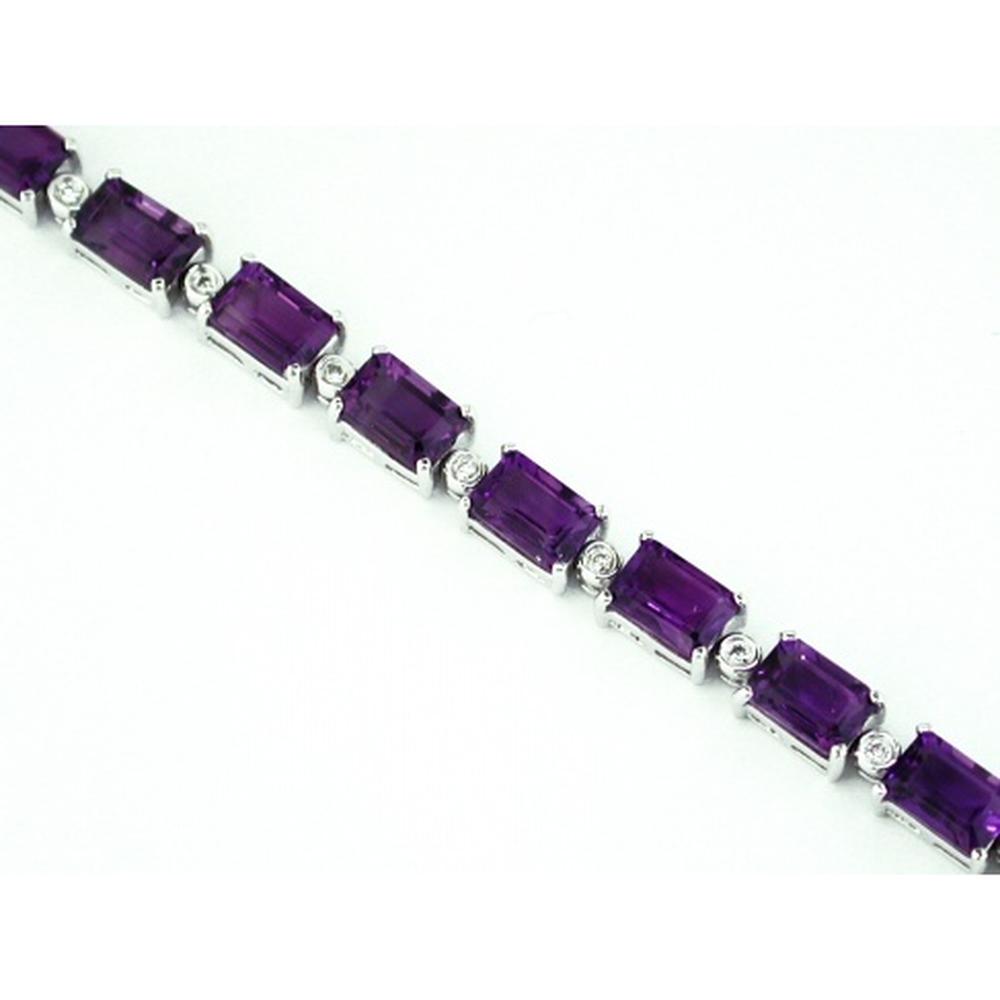 Royal 14K White Gold Tennis Bracelet with Emerald Cut Amethysts and Round Diamonds - 12.95 Carat Total Gem Weight
