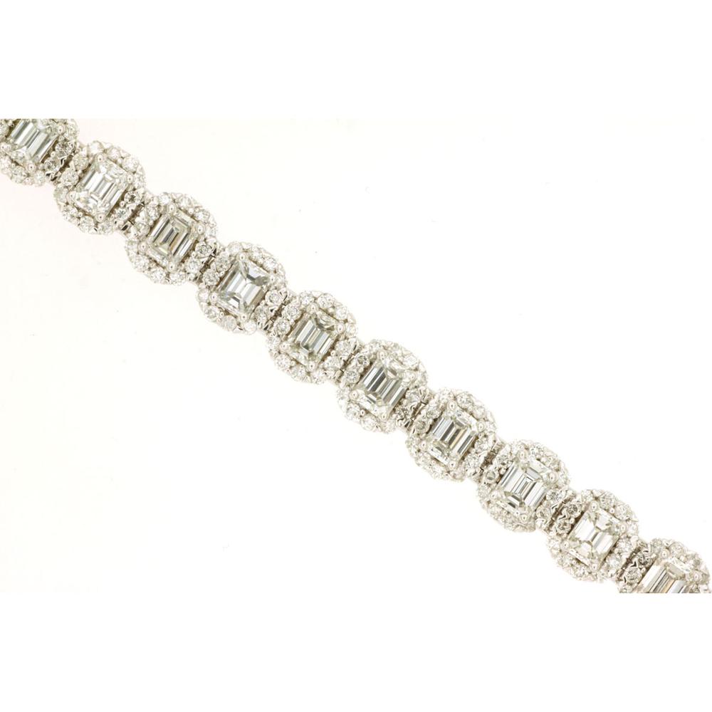 Royal 14K White Gold Tennis Bracelet with Emerald-Cut Diamonds and Pave Diamond Halo - 7.55 Carats Total Diamond Weight