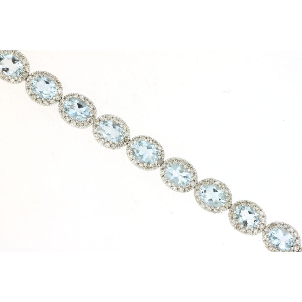 Royal 14K White Gold Tennis Bracelet with Oval Aquamarines and Halo Set Diamonds - 5.7 Carat Total Gem Weight