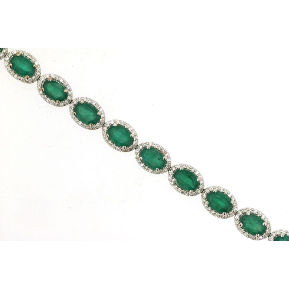 Royal 14K White Gold Tennis Bracelet with Oval Emeralds and Diamond Halos - 9.0 Carat Total Emerald Weight and 1.4 Carat Total Diamond Weight