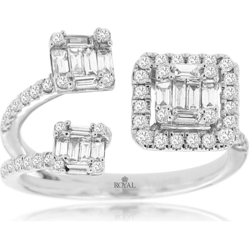 Royal 14K White Gold Three-Cluster Diamond Ring with Baguette and Round Diamonds - 0.80 Carat Total Diamond Weight