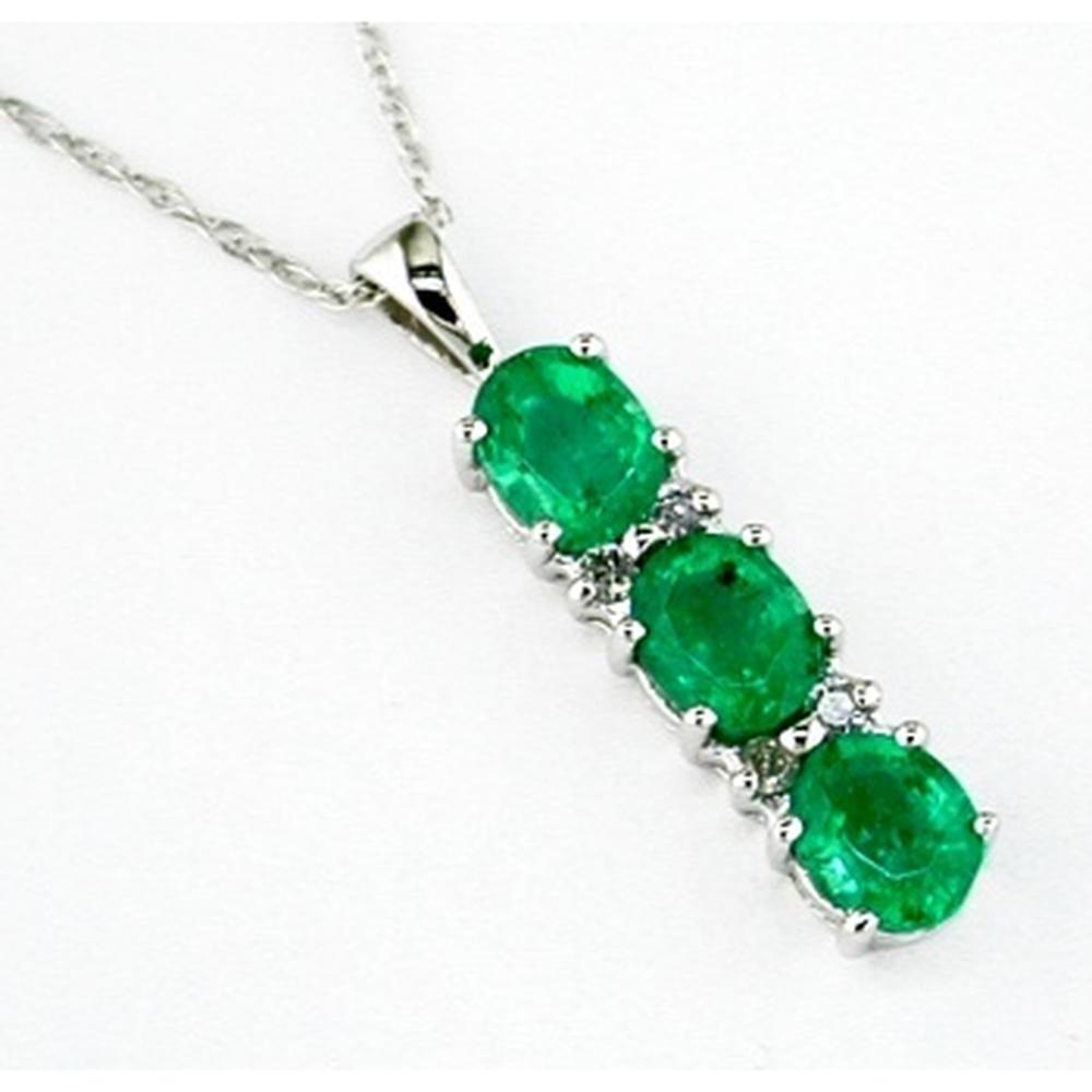 Royal 14K White Gold Three-Stone Emerald & Diamond Pendant with Oval Emeralds and Round Diamonds - 1.05 Carats Total Gem Weight