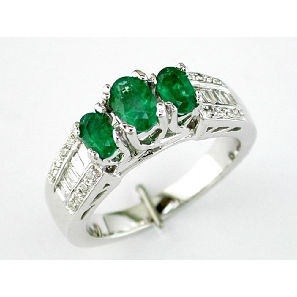 Royal 14K White Gold Three Stone Emerald and Diamond Ring - 1.18 Carat Total Gem Weight