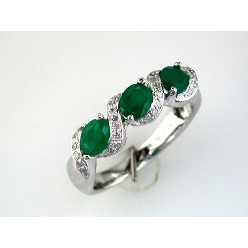Royal 14K White Gold Three-Stone Ring with Oval Emeralds and Round Diamonds - 1.15 Carat Emerald, 0.14 Carat Diamond