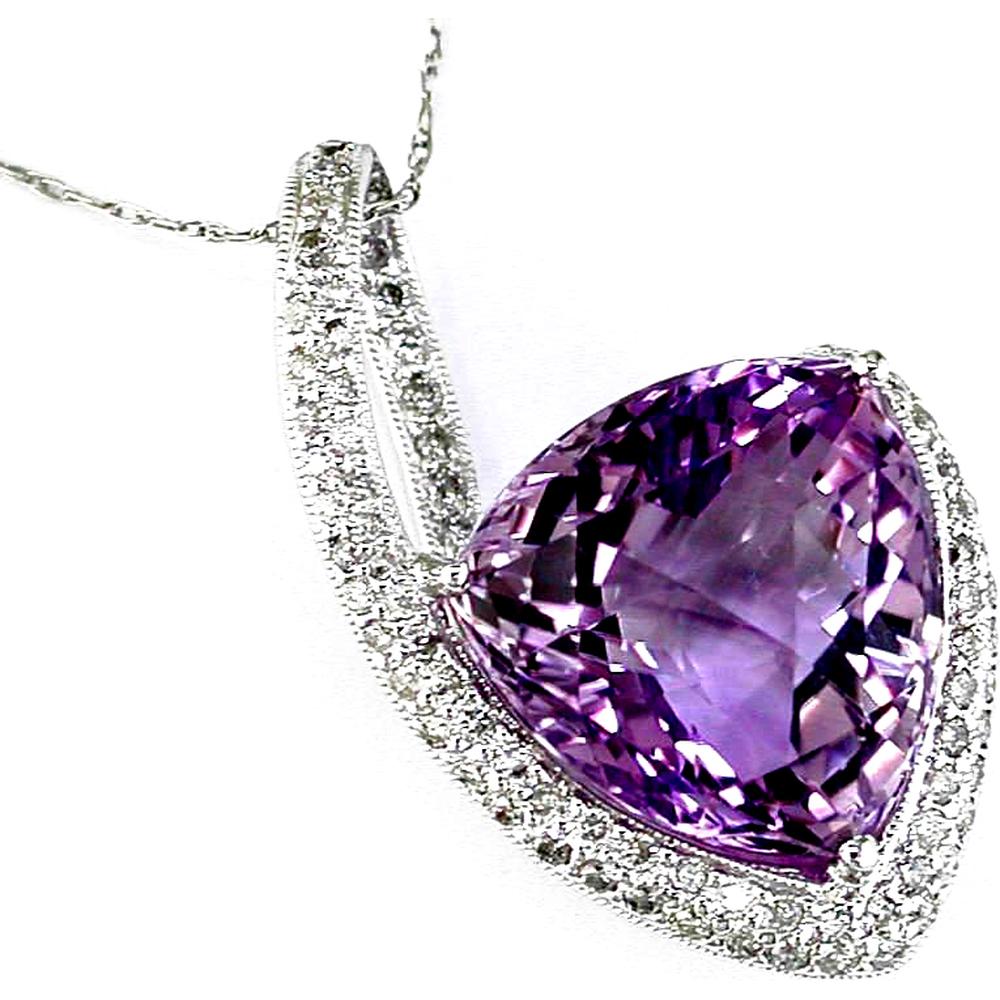 Royal 14K White Gold Trillion Cut Amethyst Pendant with Diamond Accents - 10.47 Carat Total Gem Weight