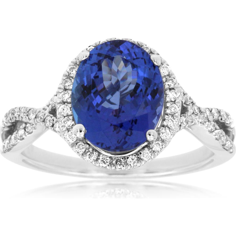 Royal 14K White Gold Twist Band Ring with Oval Tanzanite and Diamond Halo - 3.00 Carats Tanzanite and 0.30 Carats Total Diamond Weight
