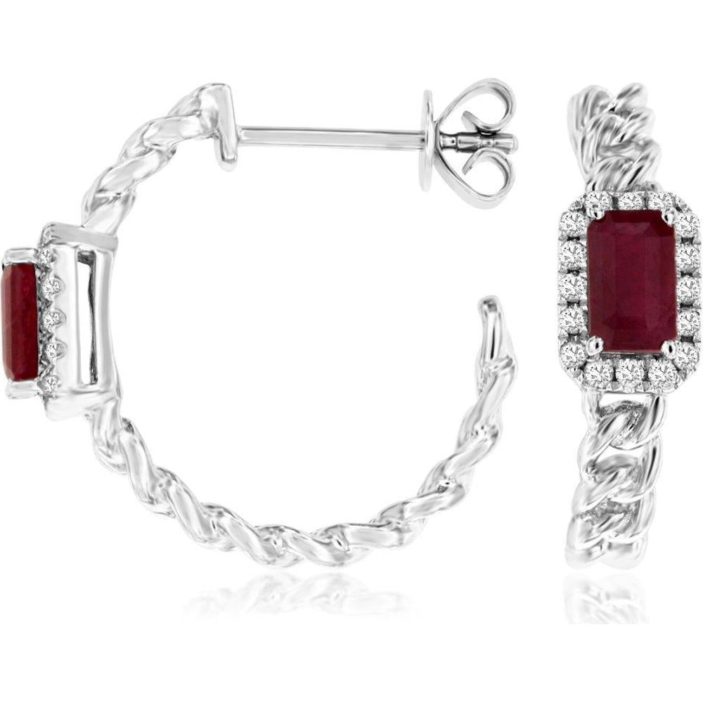 Royal 14K White Gold Twisted Hoop Earrings with Emerald-Cut Ruby and Diamond Halo - 0.70 Carat Ruby and 0.14 Carat Diamond Total Weight