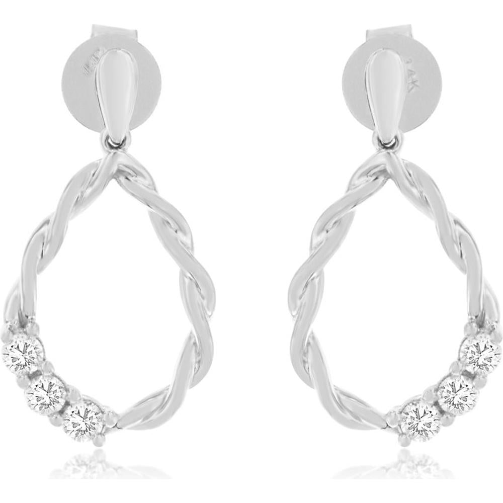 Royal 14K White Gold Twisted Oval Drop Earrings with Prong-Set Round Diamonds - 0.29 Carats Total Diamond Weight