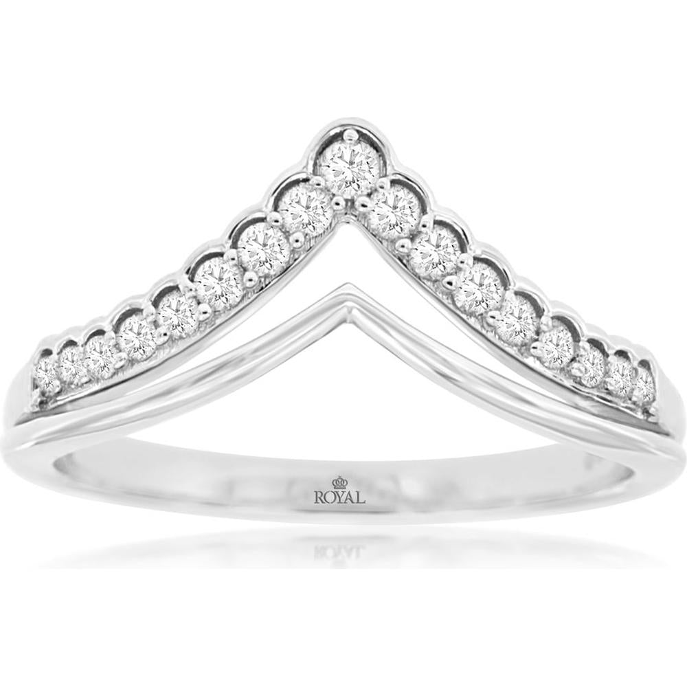 Royal 14K White Gold V-Shaped Diamond Ring with Pavé Set Round Diamonds - 0.20 Carat Total Diamond Weight