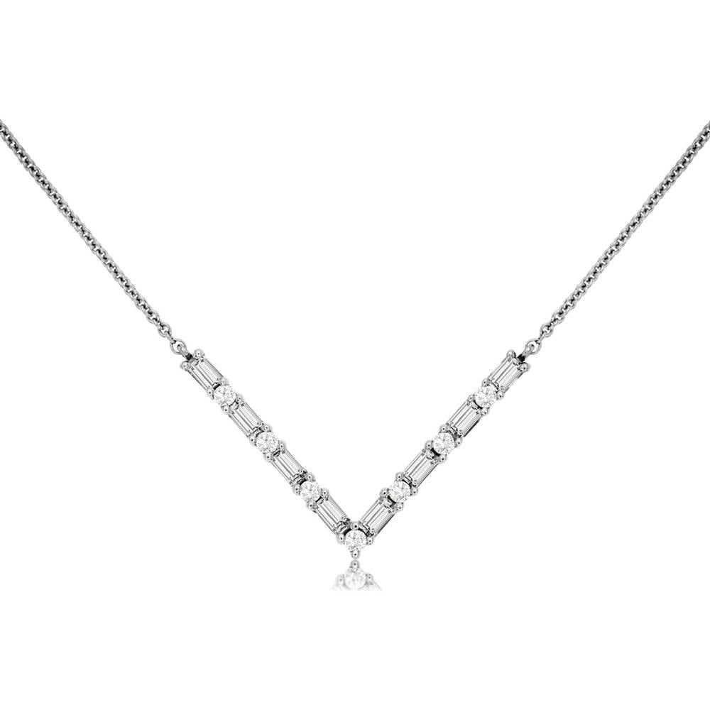 Royal 14K White Gold V-Shaped Necklace with Round and Baguette Diamonds - 0.35 Carat Total Diamond Weight