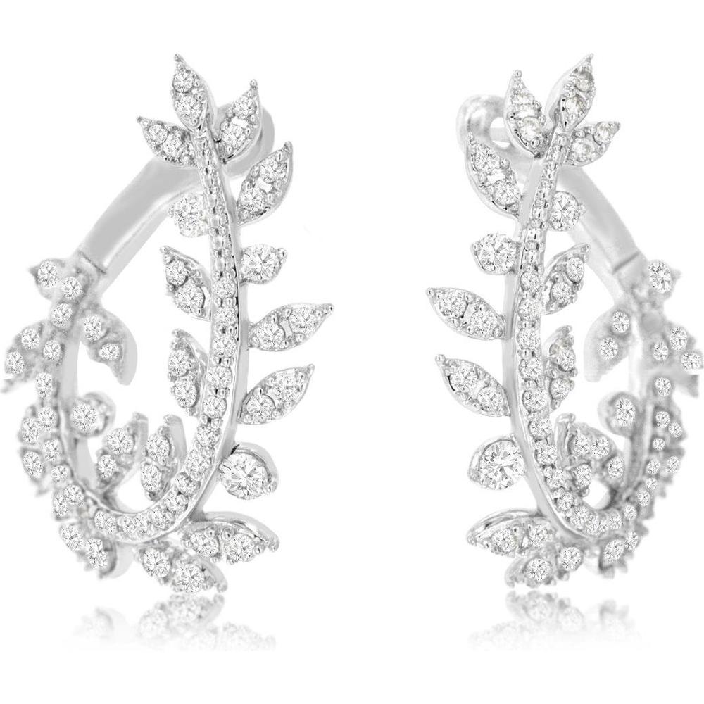 Royal 14K White Gold Vine Design Diamond Hoop Earrings - 1.00 Carat Total Diamond Weight