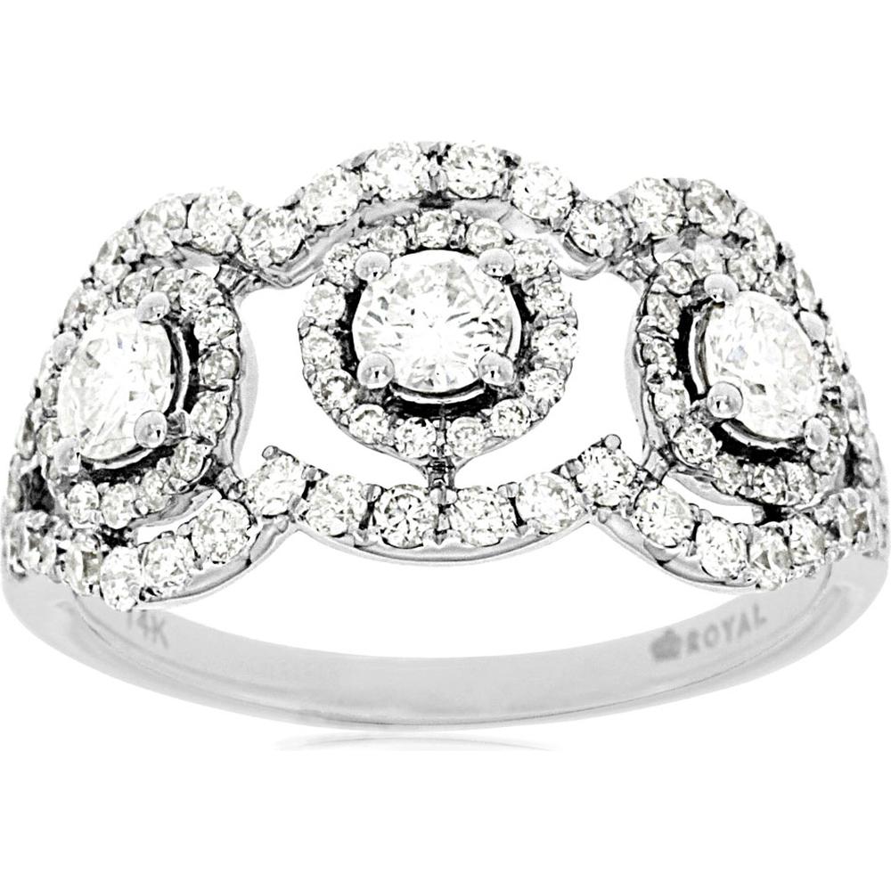 Royal 14K White Gold Wedding Band with 3 Brilliant-Cut Diamonds and Pavé Halo - 1.20 Carat Total Diamond Weight