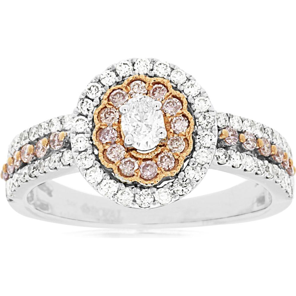 Royal 14K White Gold White & Pink Diamond Halo Ring - 0.82 Carats Total Diamond Weight