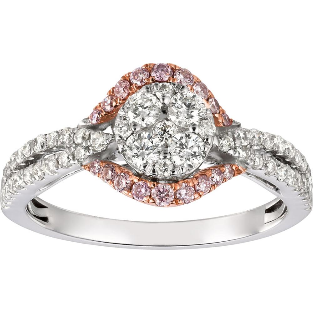 Royal 14K White Gold White & Pink Diamond Ring - 0.66 Carat Main Diamond, 0.17 Carat Pink Diamonds