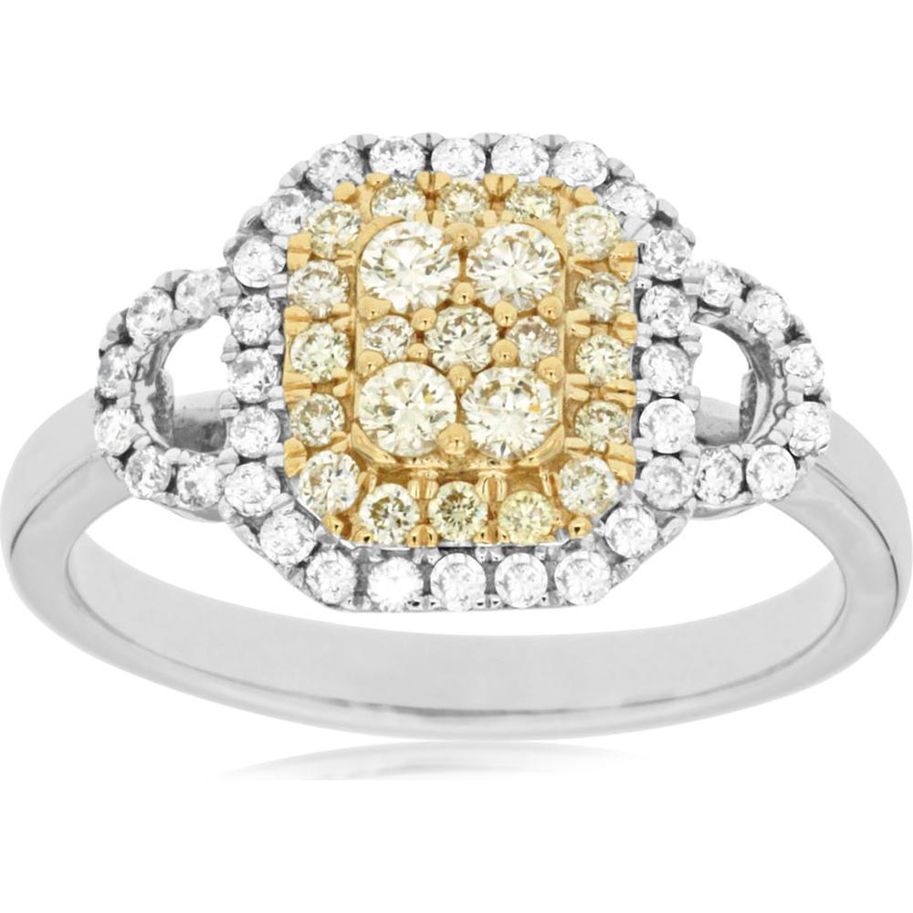 Royal 14K White Gold Yellow and White Diamond Cluster Ring - 0.61 Carats Total Diamond Weight