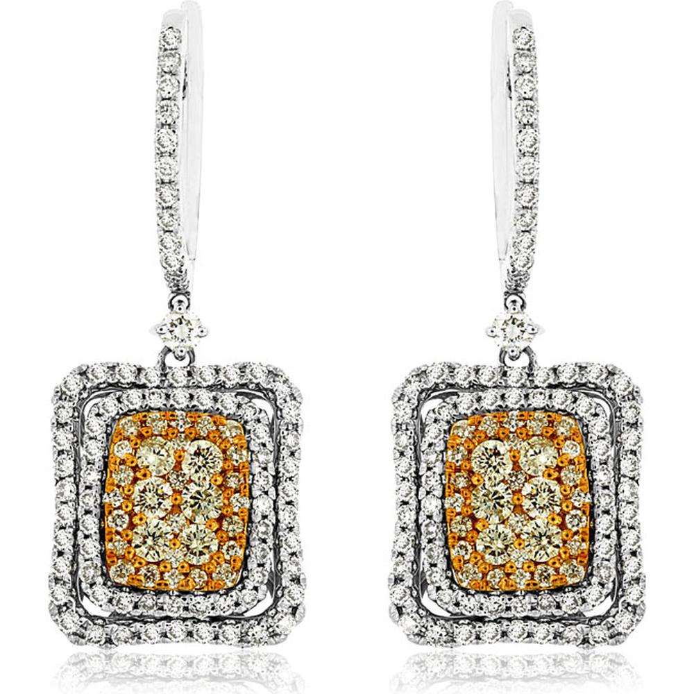Royal 14K White Gold Yellow Diamond and Diamond Halo Earrings - 2.10 Carats Total Diamond Weight