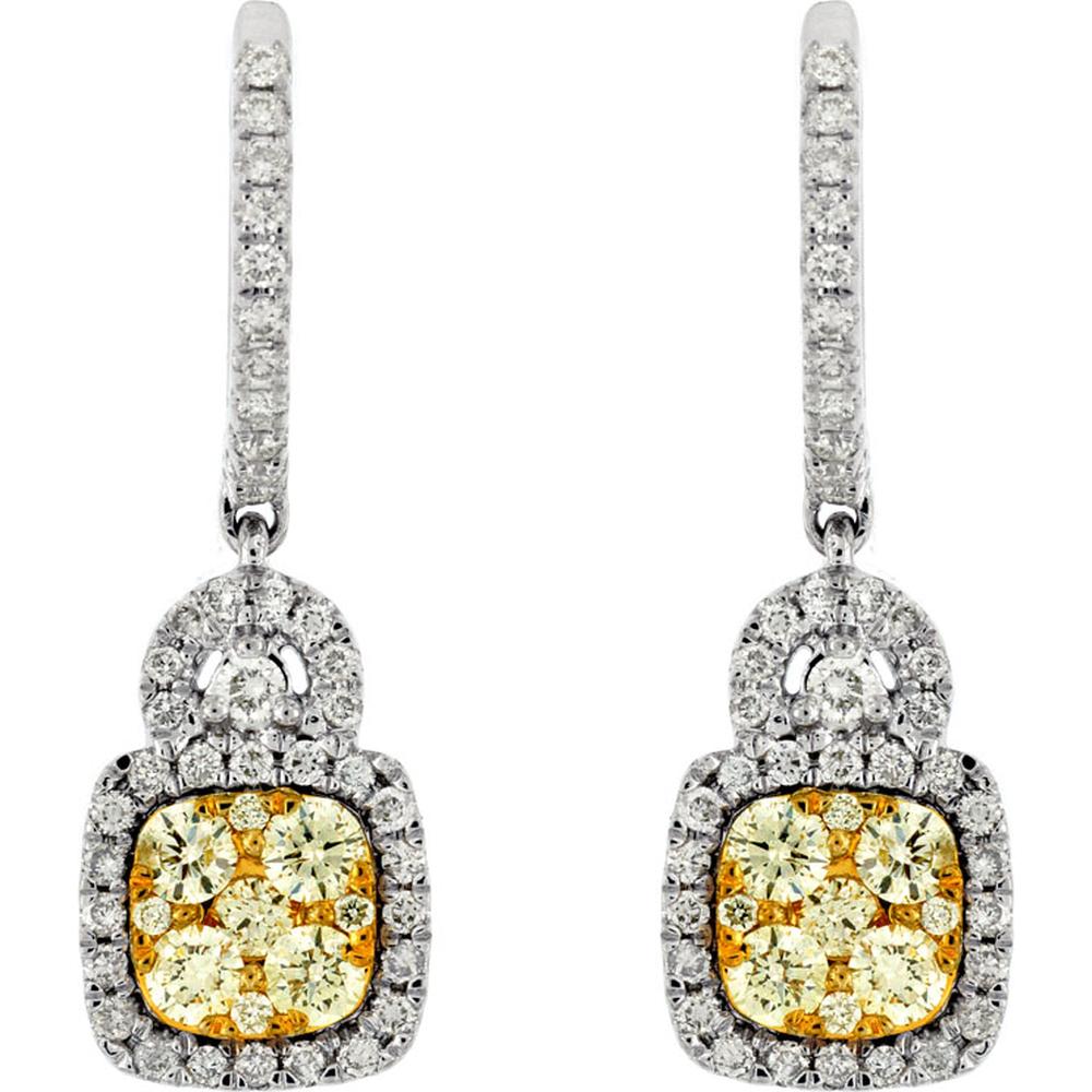 Royal 14K White Gold Yellow Diamond and Diamond Halo Hoop Earrings - 1.48 Carats Total Diamond Weight