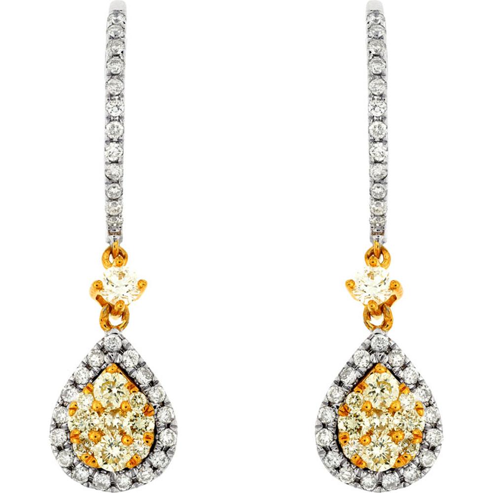Royal 14K White Gold Yellow Diamond and Diamond Teardrop Earrings with Diamond Halo - 1.05 Carats Total Diamond Weight