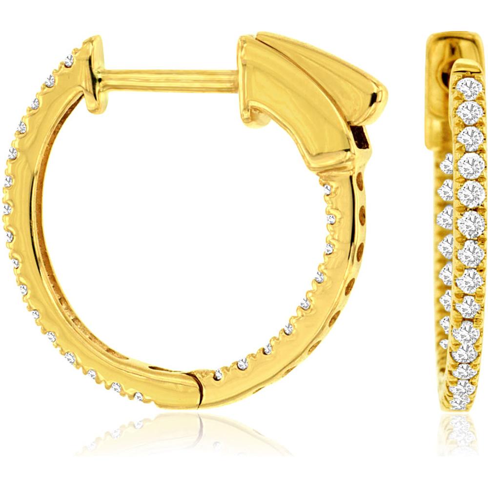 Royal 14K Yellow Gold 15mm Small Hoop Earrings with Prong Set Diamonds - 0.25 Carat Total Diamond Weight