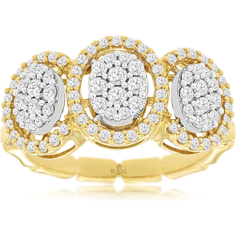 Royal 14K Yellow Gold 3-Stone Diamond Ring with Halo Design - 0.66 Carats Total Diamond Weight