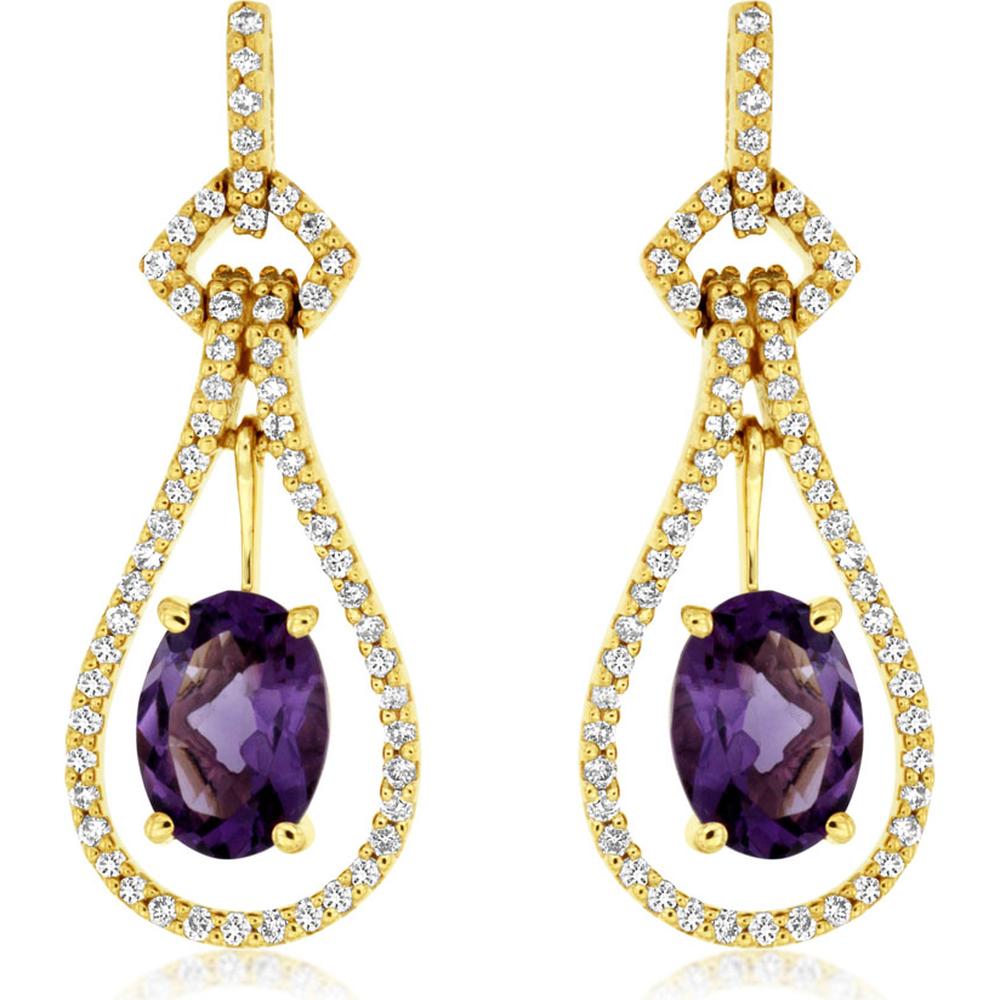 Royal 14K Yellow Gold Amethyst & Diamond Earrings - 1.40 Carat Amethyst, 0.34 Carat Diamond Total Weight
