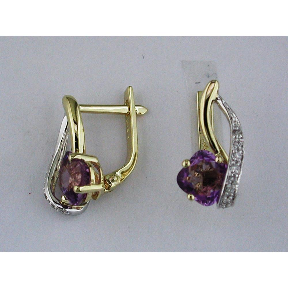 Royal 14K Yellow Gold Amethyst & Diamond Earrings - 2.20 Carat Amethyst, Round Diamonds