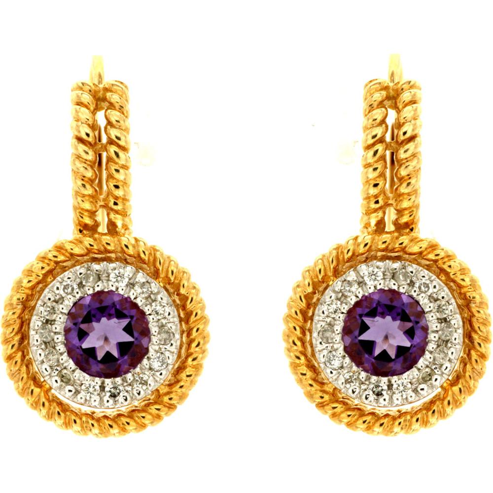 Royal 14K Yellow Gold Amethyst and Diamond Halo Earrings - 0.60 Carat Amethyst, 0.12 Carat Diamonds