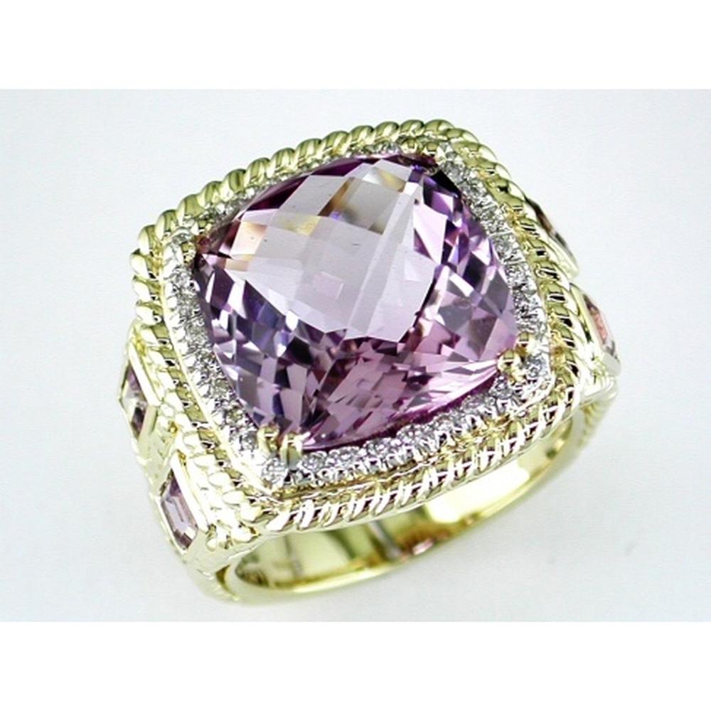 Royal 14K Yellow Gold Amethyst & Diamond Halo Ring with Cushion Cut Amethyst - 10.75 Carats Amethyst, 0.18 Carats Total Diamond Weight