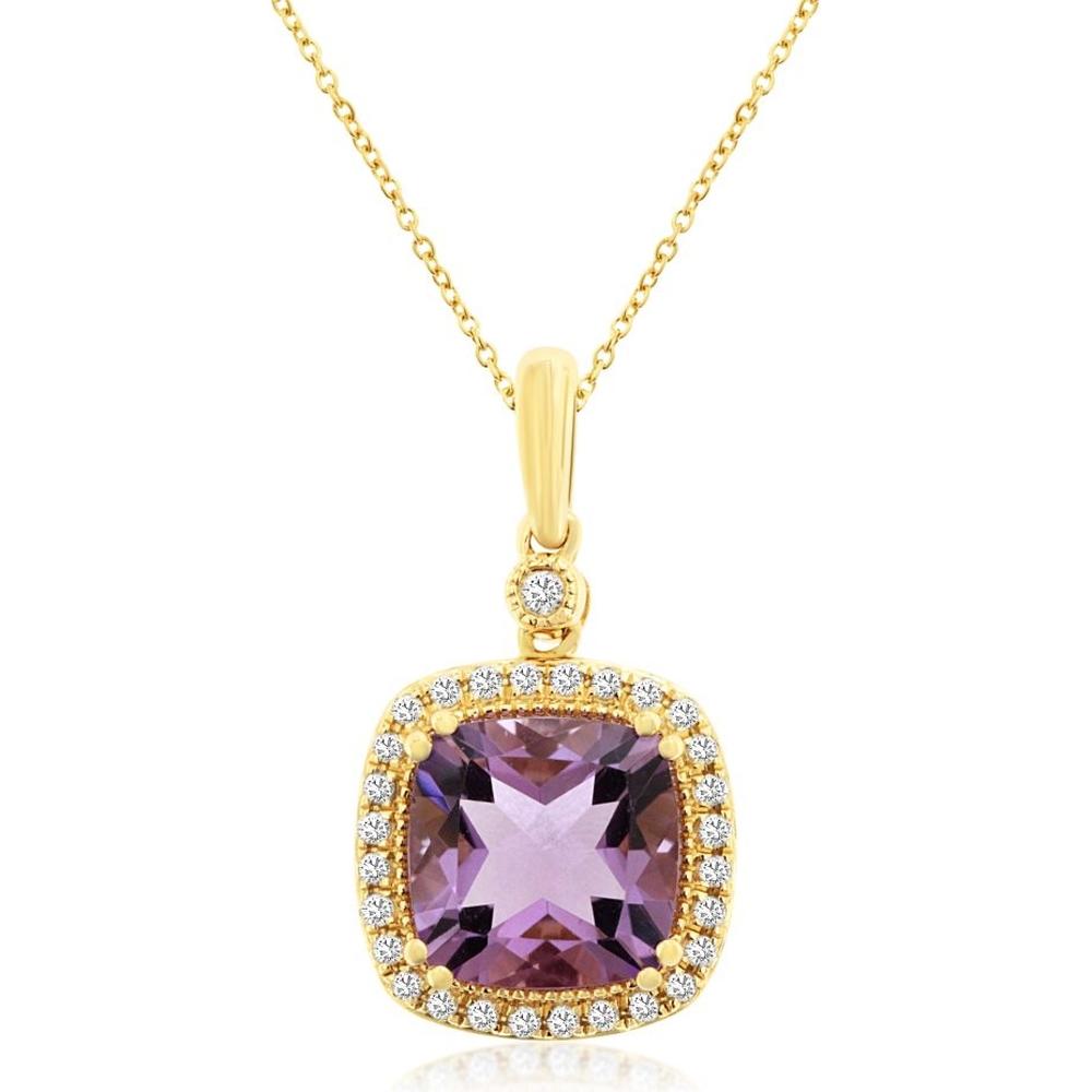 Royal 14K Yellow Gold Amethyst & Diamond Pendant with Cushion Cut Amethyst - 2.68 Carats Total Weight