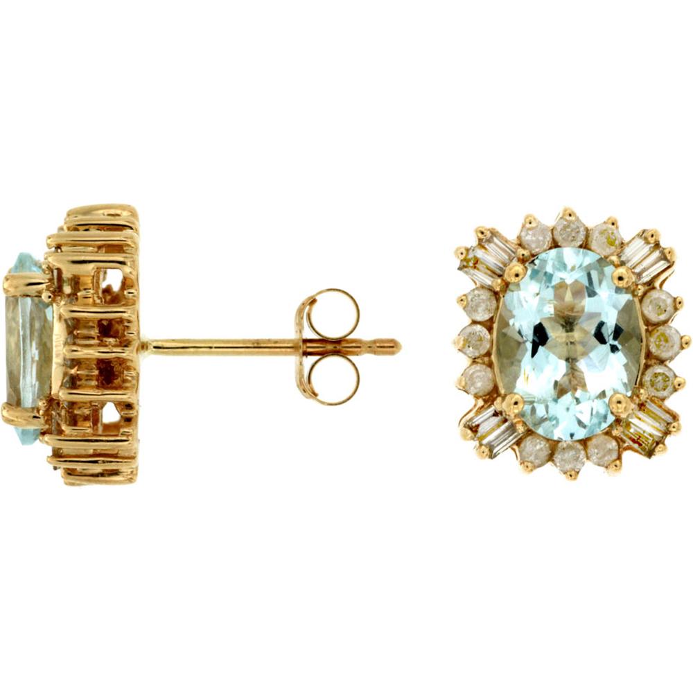 Royal 14K Yellow Gold Aquamarine & Diamond Stud Earrings with Oval Aquamarine - 2.20 Carats Total Aquamarine Weight, 1.10 Carats Each Aquamarine Stone