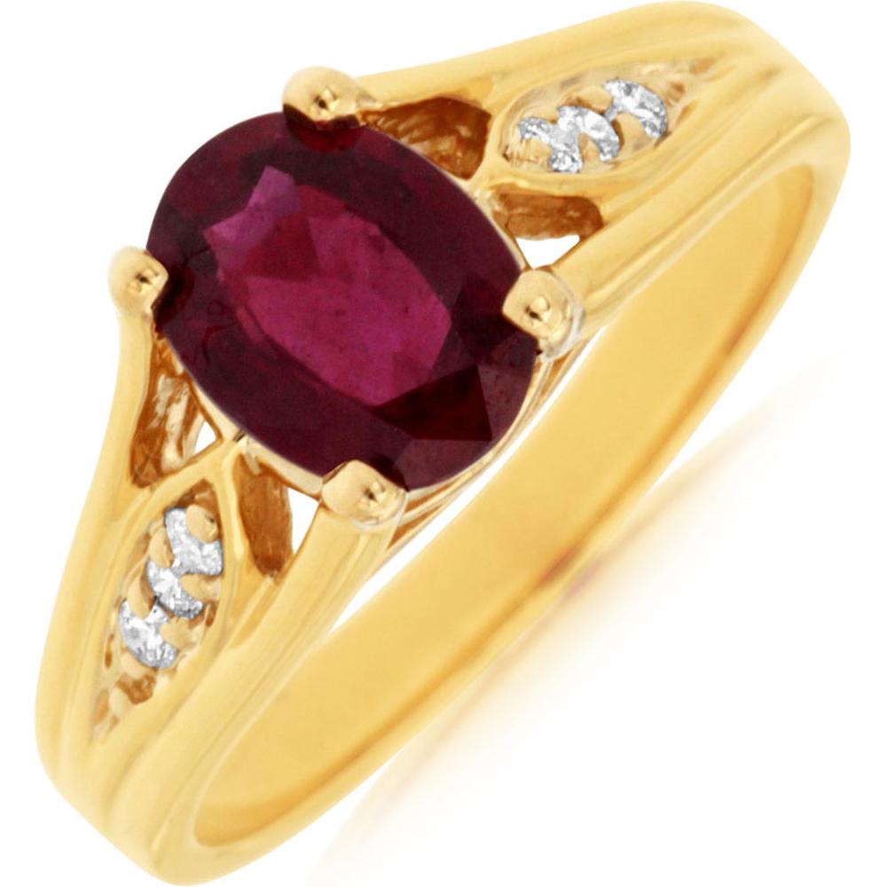 Royal 14K Yellow Gold Band Ring with Oval Glass-Filled Ruby and Diamond Accents - 1.30 Carats Total Gem Weight