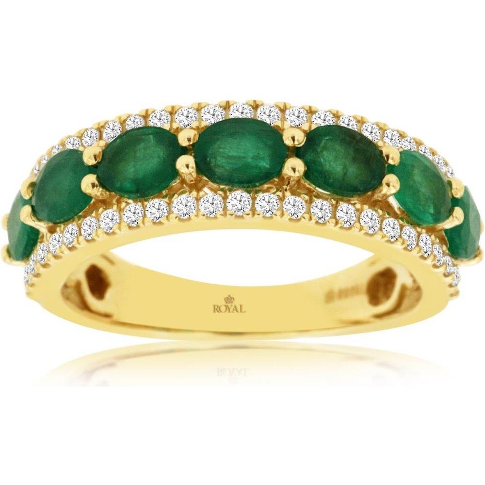 Royal 14K Yellow Gold Band Ring with Prong Set Oval Emeralds and Diamonds - 1.70 Carat Emerald, 0.33 Carat Diamond