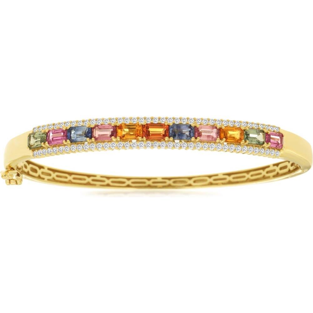 Royal 14K Yellow Gold Bangle with Multi-Colored Sapphires and Pave Set Diamonds - 4.78 Carats Total Gem Weight