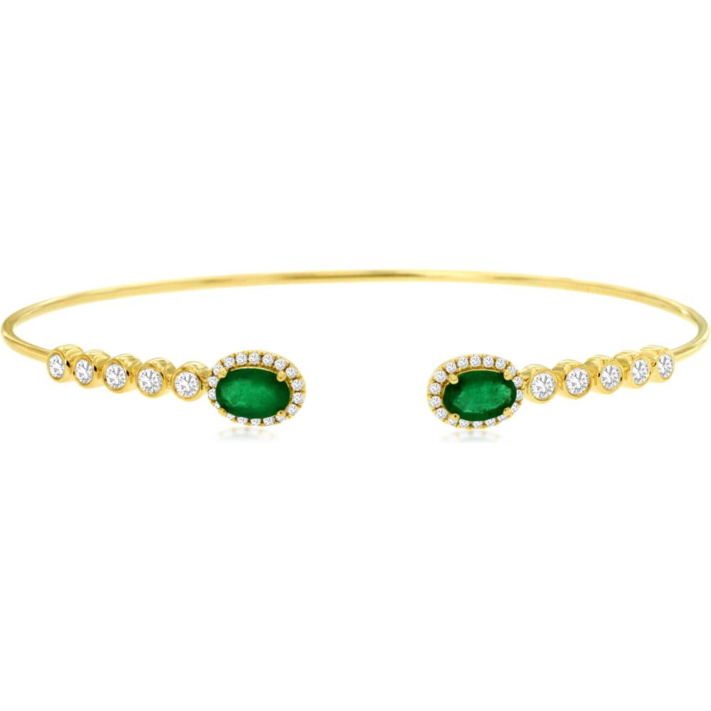 Royal 14K Yellow Gold Bangle with Oval Emeralds and Halo Diamonds - 0.88 Carat Emerald, 0.53 Carat Diamond