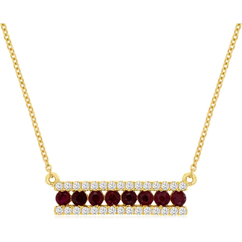 Royal 14K Yellow Gold Bar Necklace with Round Rubies and Diamonds - 0.63 Carat Total Gem Weight