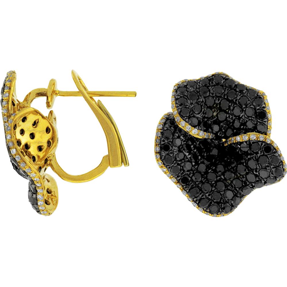 Royal 14K Yellow Gold Black Diamond & Diamond Flower Earrings - 3.39 Carat Total Diamond Weight