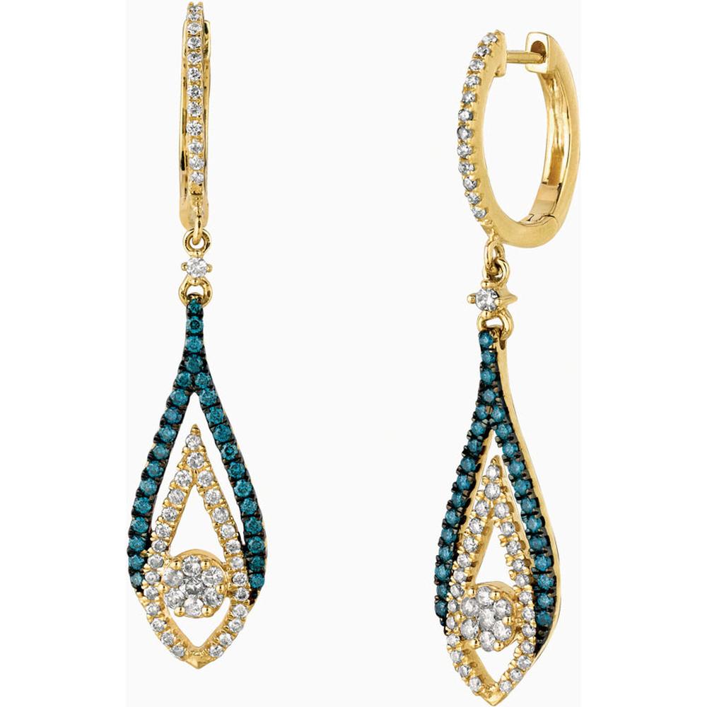 Royal 14K Yellow Gold Blue and White Diamond Earrings - 0.78 Carat Total Diamond Weight