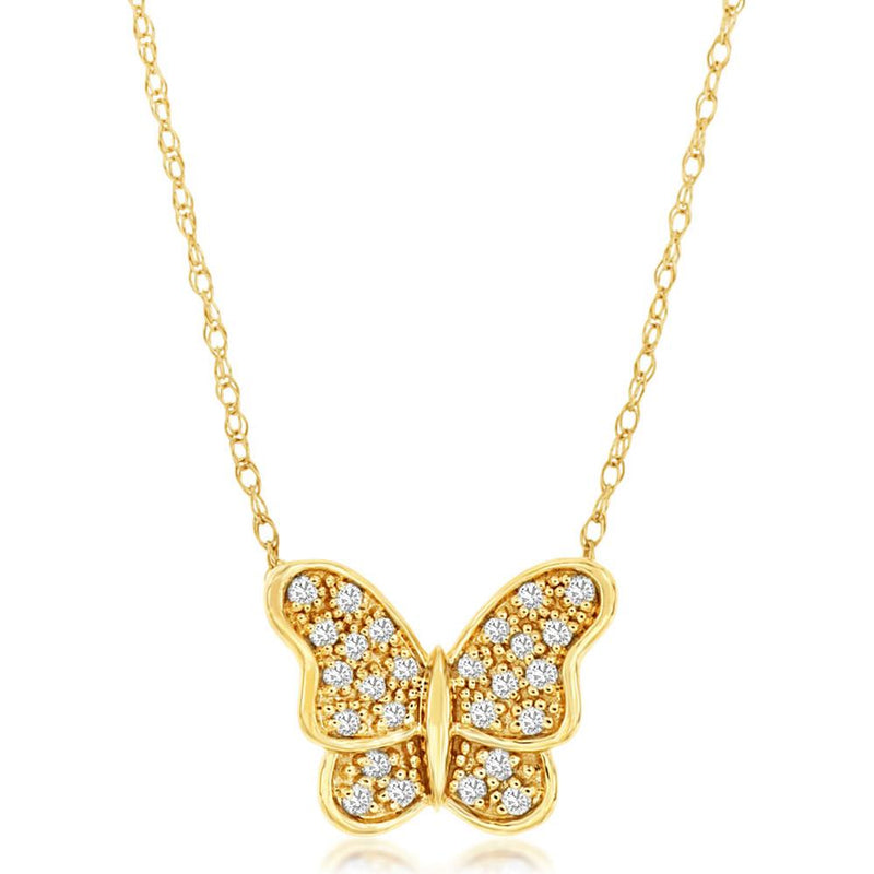 Royal 14K Yellow Gold Butterfly Necklace with Prong Set Round Diamonds - 0.13 Carat Total Diamond Weight