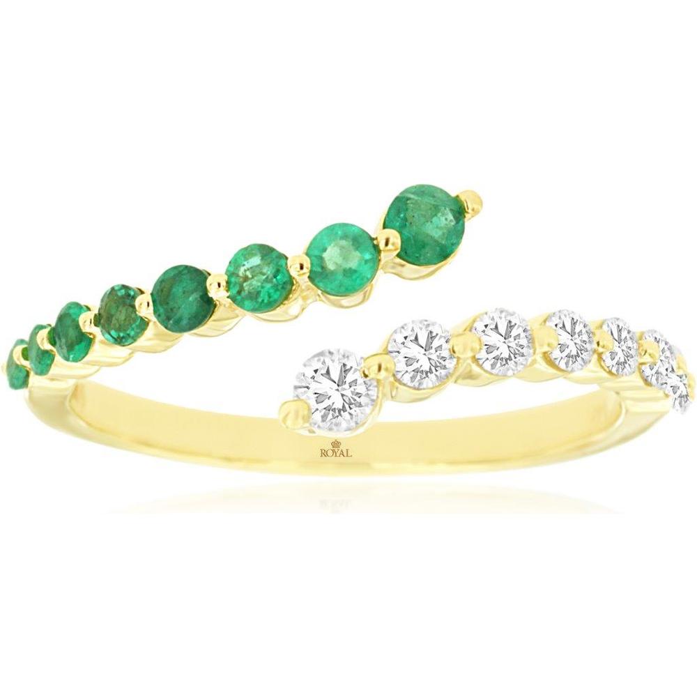 Royal 14K Yellow Gold Bypass Ring with 0.30 Carats Round Diamonds and 0.35 Carats Emeralds