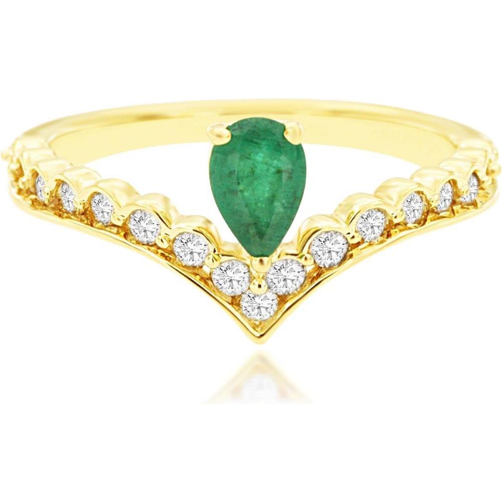 Royal 14K Yellow Gold Chevron Diamond and Pear-Shaped Emerald Ring - 0.75 Carat Total Gem Weight