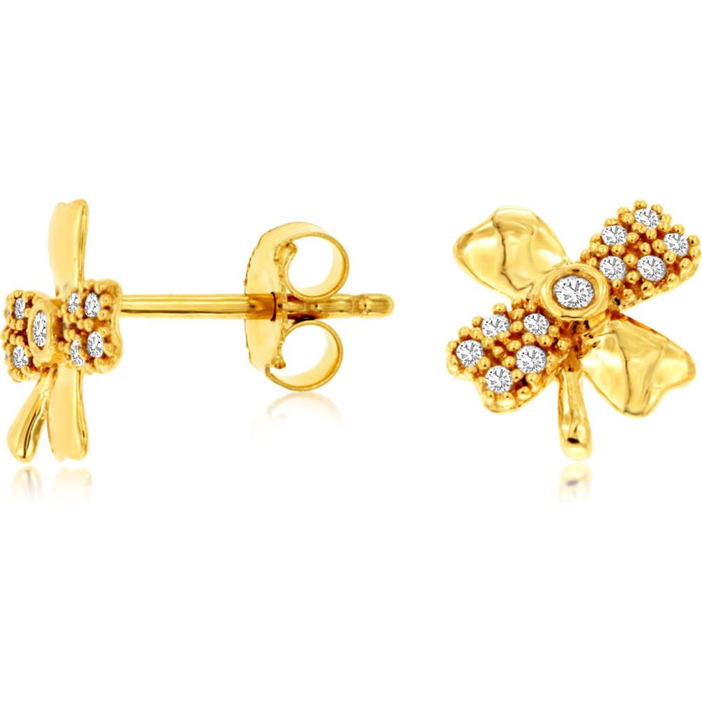 Royal 14K Yellow Gold Clover Stud Earrings with Prong Set Round Diamonds - 0.10 Carat Total Diamond Weight