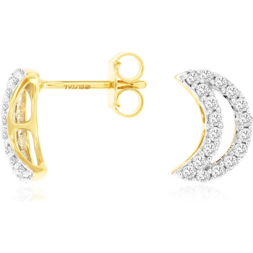 Royal 14K Yellow Gold Crescent Hoop Earrings with Round Diamonds - 0.33 Carats Total Diamond Weight