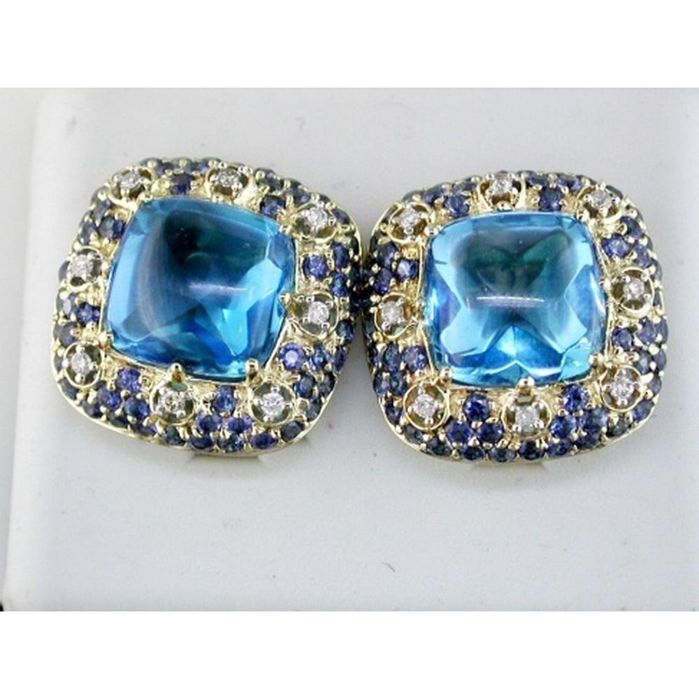Royal 14K Yellow Gold Cushion Cut Diamond, Sapphire & Blue Topaz Earrings - 15.00 Carat Total Gem Weight