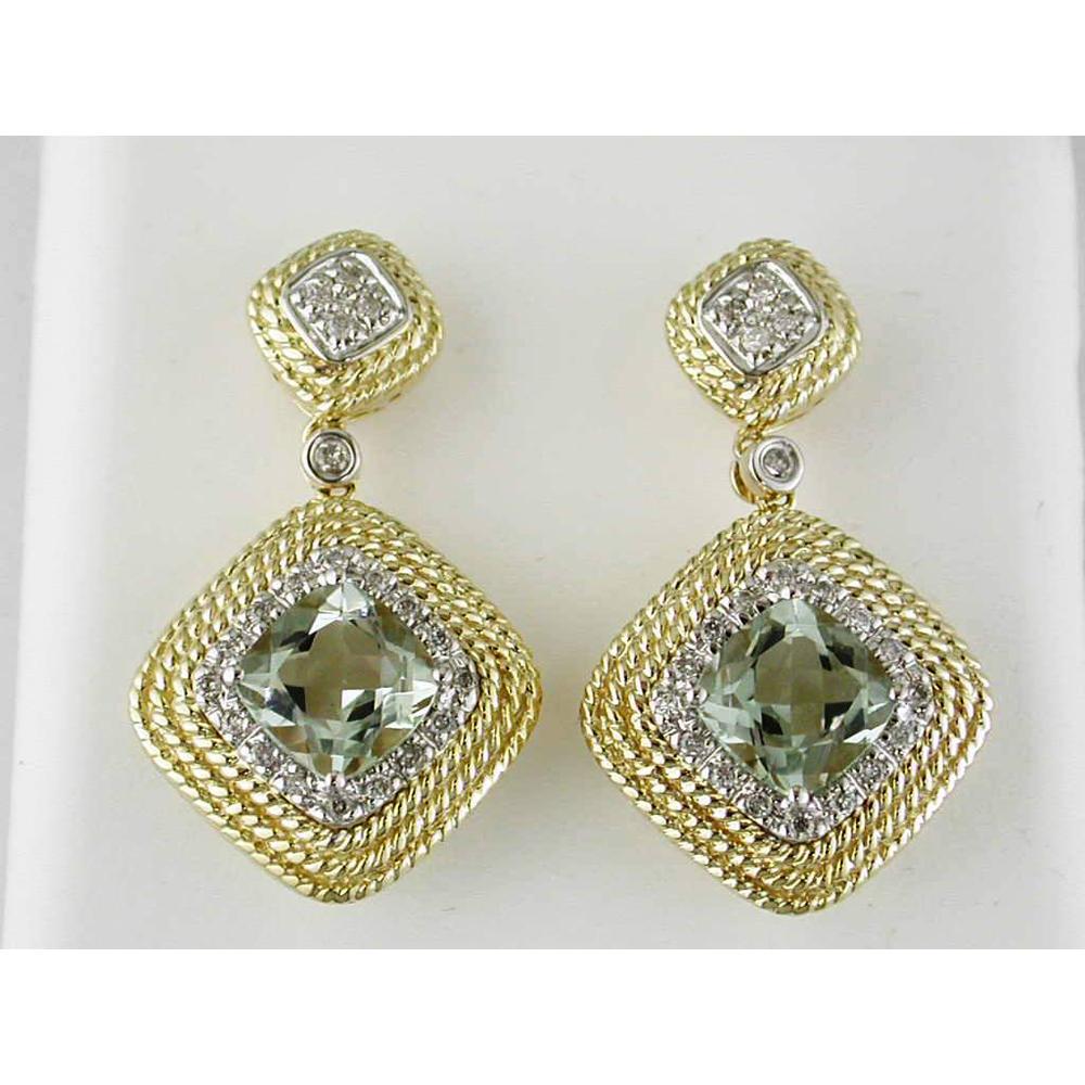 Royal 14K Yellow Gold Cushion Cut Green Amethyst & Diamond Earrings - 2.98 Carat Total Gem Weight
