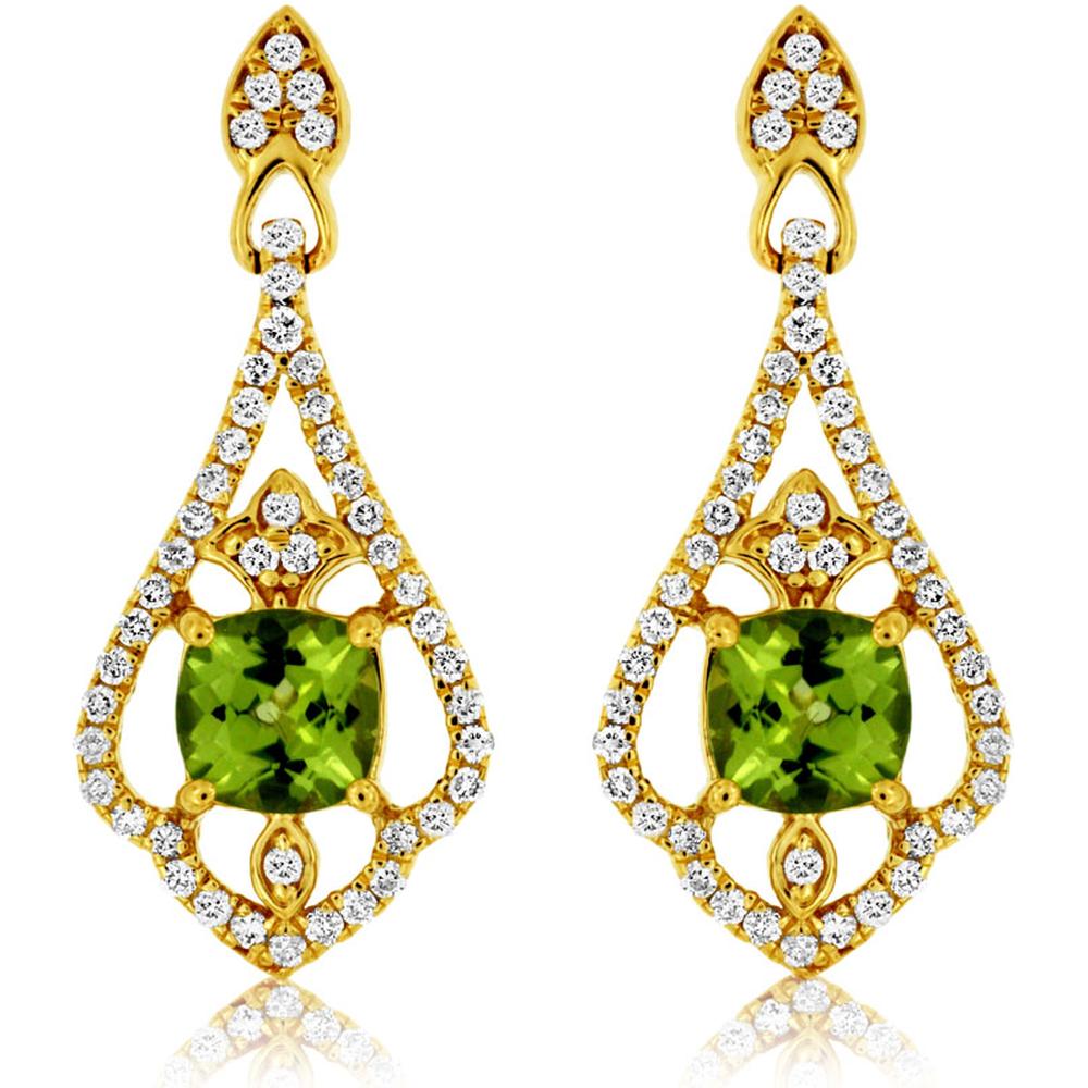 Royal 14K Yellow Gold Cushion Cut Peridot & Diamond Earrings - 1.08 Carat Total Gem Weight