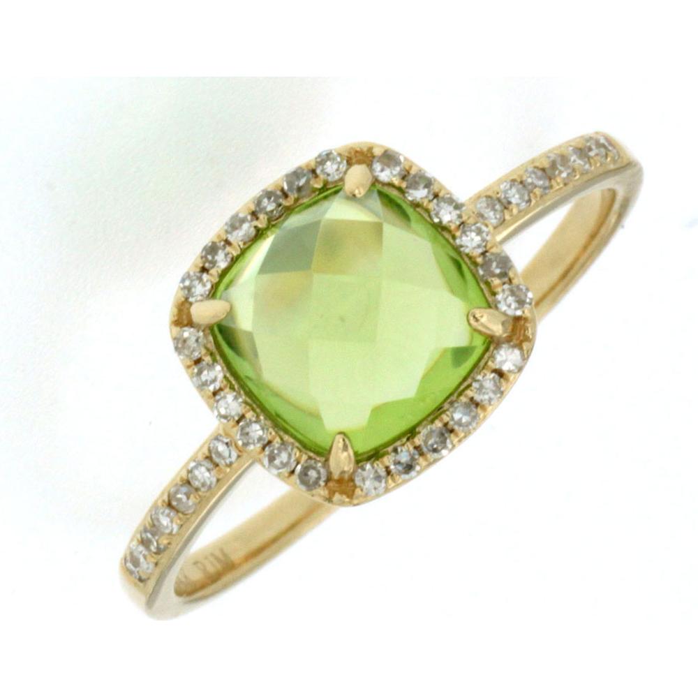 Royal 14K Yellow Gold Cushion-Cut Peridot and Diamond Ring - 1.60 Carat Peridot, 0.15 Carat Diamonds