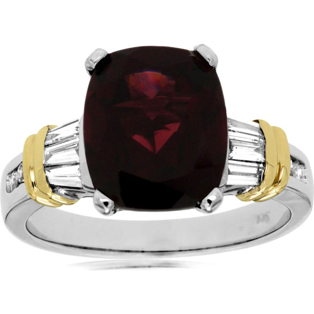 Royal 14K Yellow Gold Cushion-Cut Rhodolite and Tapered Baguette Diamond Ring - 4.90 Carats Rhodolite and 0.43 Carats Diamond Total Weight