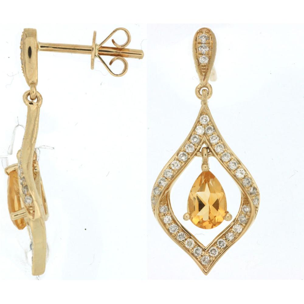 Royal 14K Yellow Gold Dangling Earrings with Pear-Shaped Citrine and Diamond Halo - 0.70 Carat Citrine, 0.29 Carat Diamonds