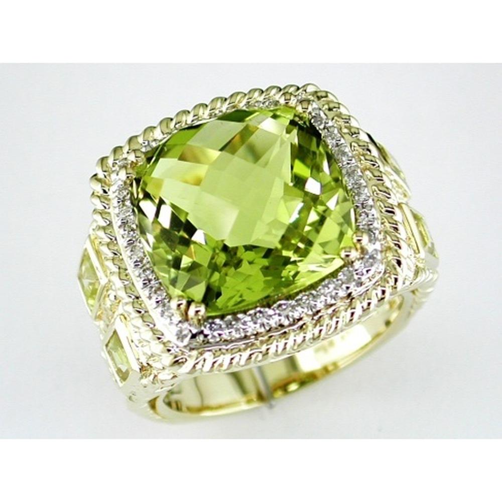 Royal 14K Yellow Gold Diamond & Cushion Cut Lemon Quartz Ring - 11.18 Carats Total Gem Weight